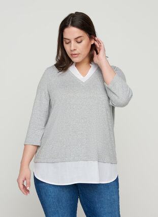 Meleret bluse med 3/4 ærmer og skjortedetaljer, Light Grey Melange, Model image number 0
