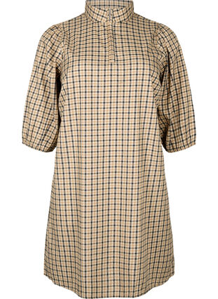 Ternet kjole med 3/4 ærmer og lynlås, Brown Check , Packshot image number 0