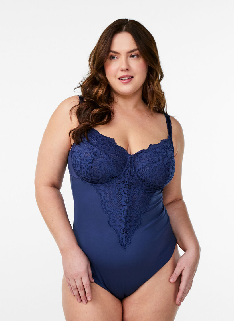 Bodystocking med bøjle og blonder, Blå, Model image number 0