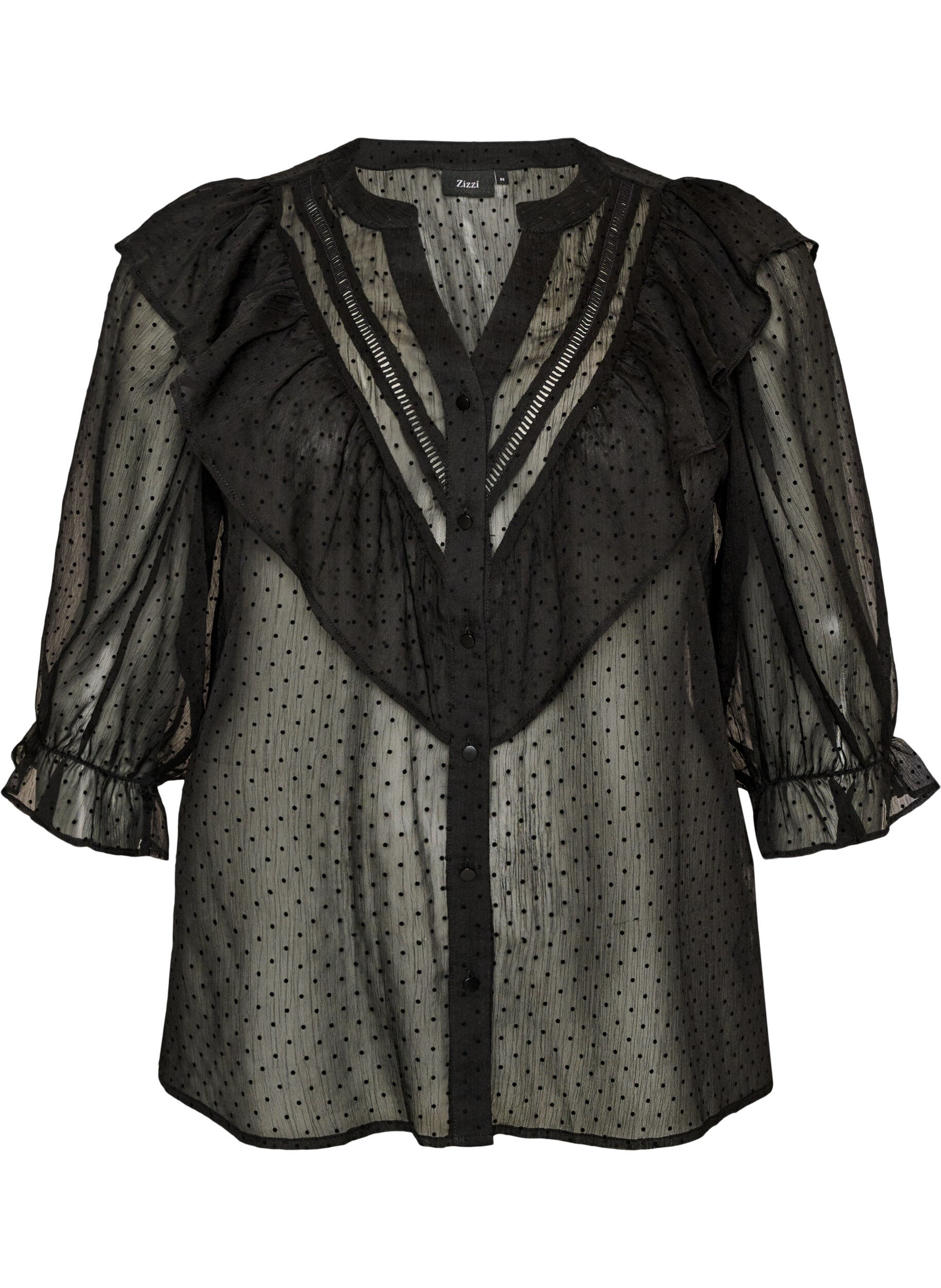 ZizziTransparent skjortebluse med prikker og fl&aelig;sedetaljer, Sort, Packshot image number 0