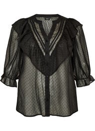 Transparent skjortebluse med prikker og fl&aelig;sedetaljer, Sort