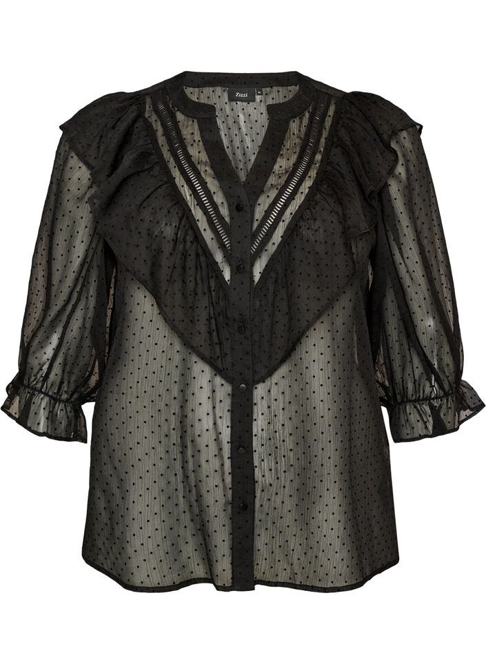 Transparent skjortebluse med prikker og fl&aelig;sedetaljer, Sort, Packshot image number 0