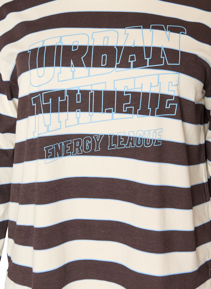 Stribet jerseybluse med sporty tekstprint, Brun, Packshot image number 2
