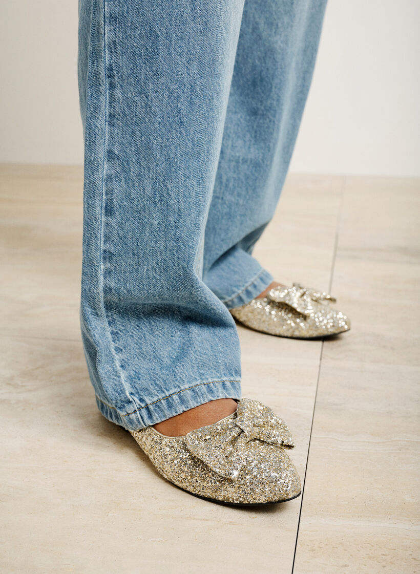 Wide fit - Glitter ballerina med sløjfe, Gold Glitter, Image image number 1