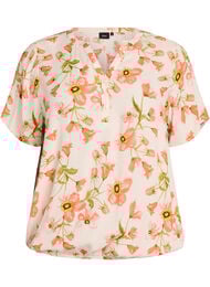 Viskosebluse med blomsterprint og korte &aelig;rmer, Vanilla