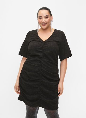 Kortærmet kjole med tekstur og draperinger, Black, Model image number 0