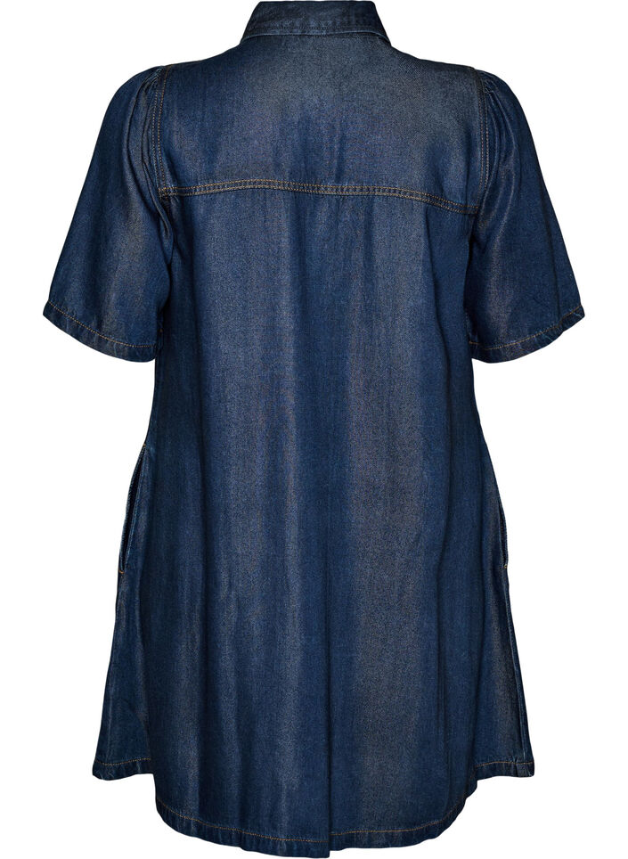 Denimkjole i lyocell med knapper og korte &aelig;rmer, Bl&aring;, Packshot image number 1