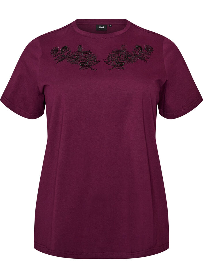 T-shirt med blomsterbroderi og rhinsten, Lilla, Packshot image number 0