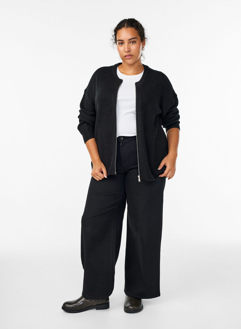 Strik cardigan med lynl&aring;s, Sort, Model image number 1