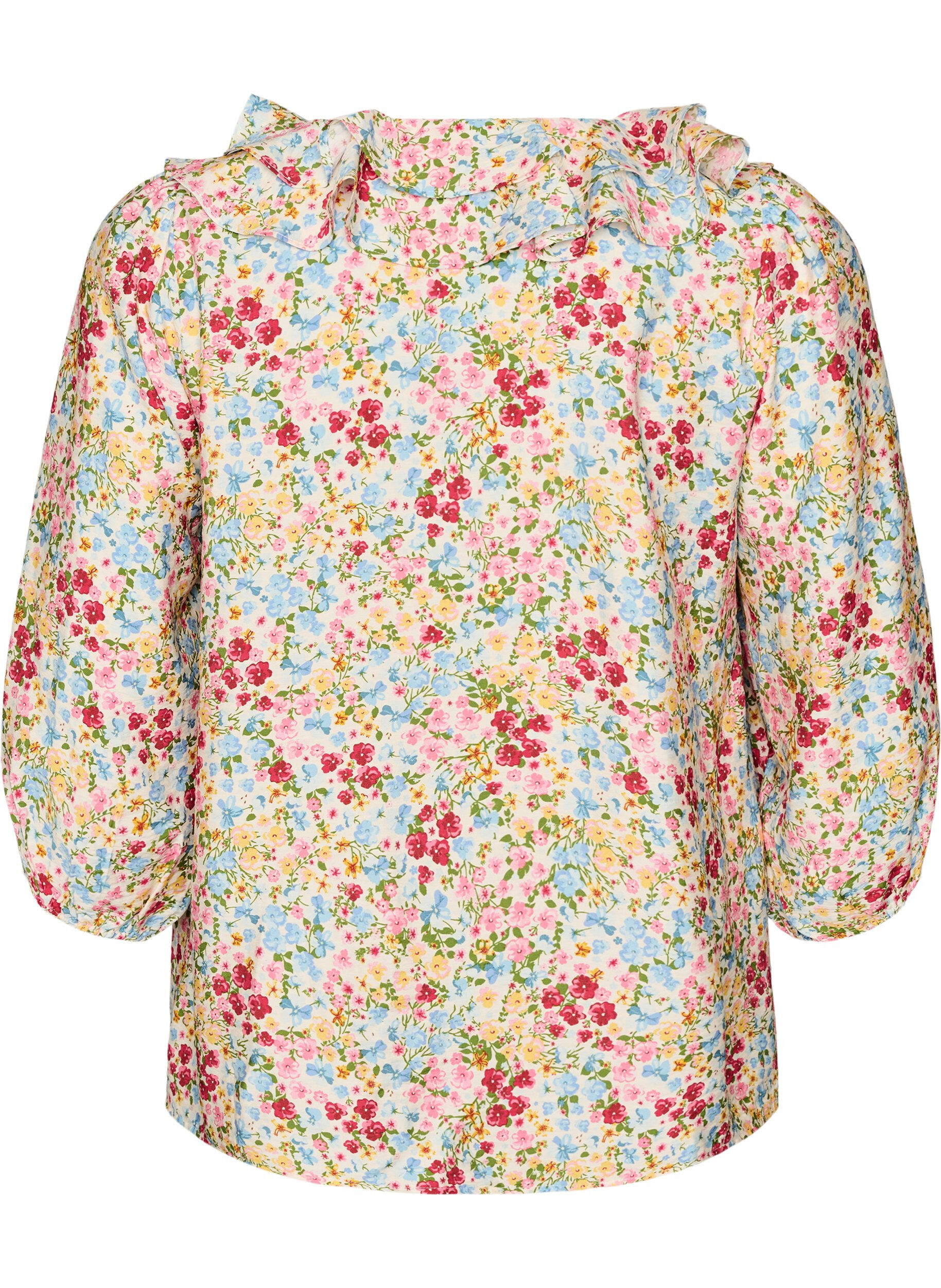 ZizziSkjortebluse i viskose med blomsterprint og 3/4 &aelig;rmer, Bl&aring;, Packshot image number 1
