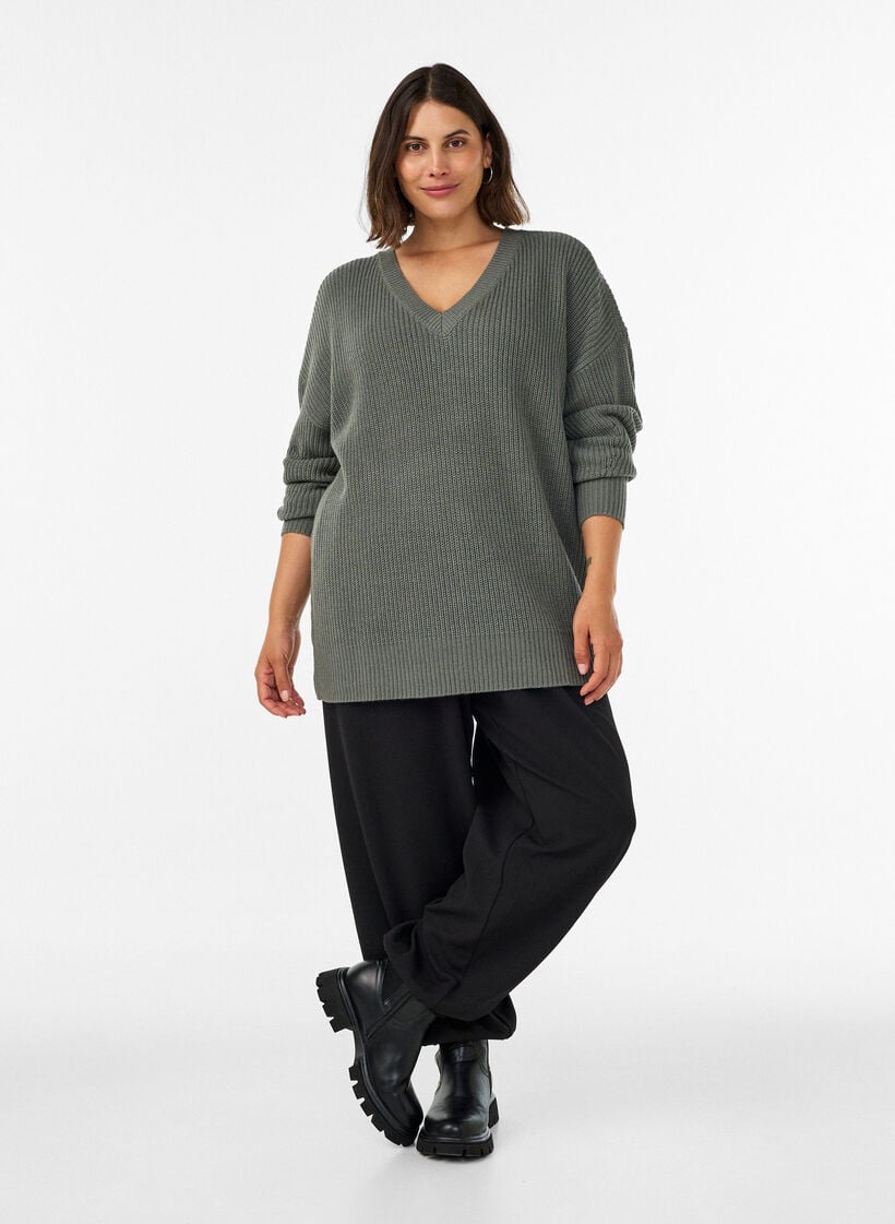 Lang ribstrikket bluse med V-hals, Gr&oslash;n, Model image number 1