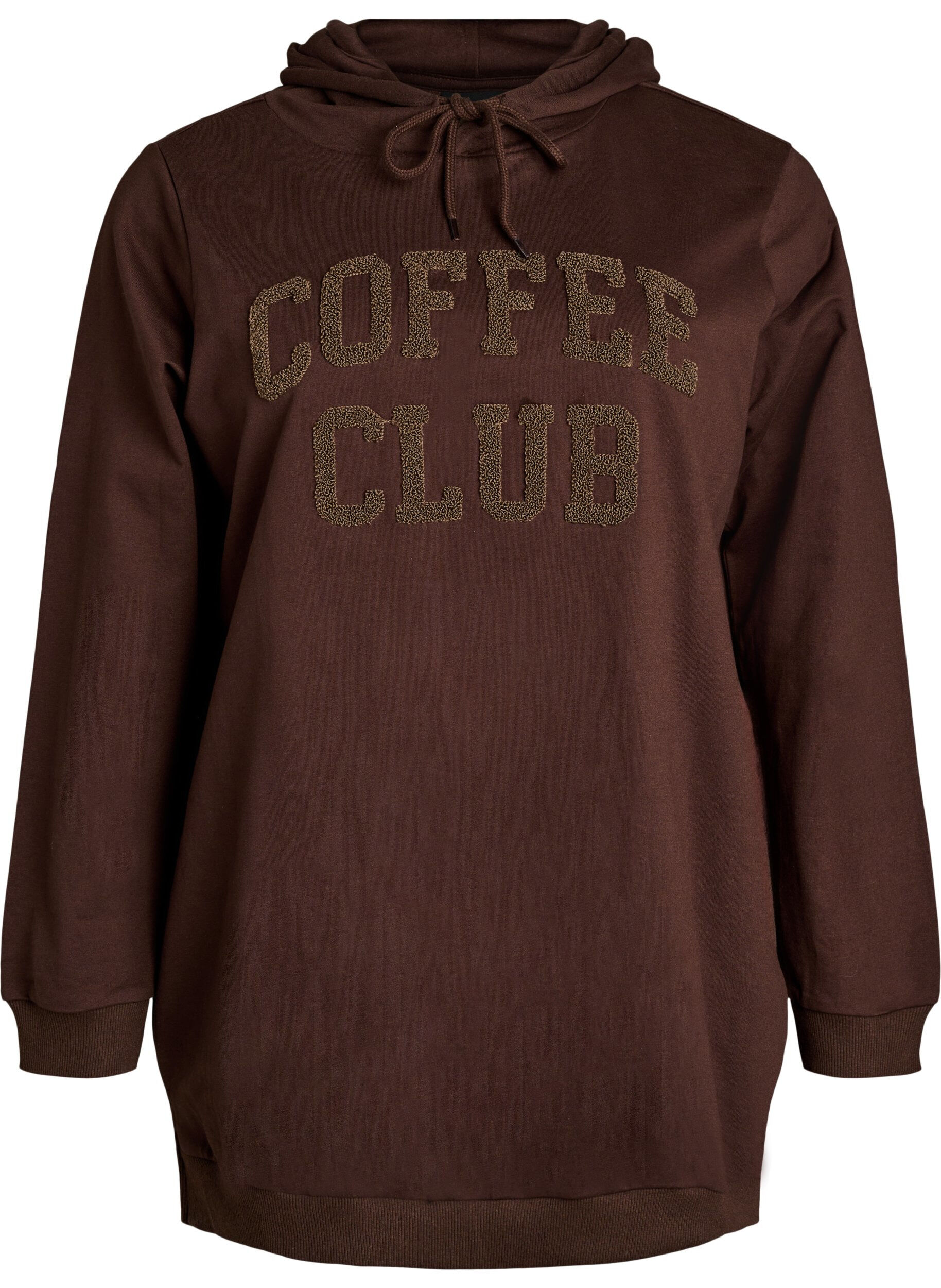 ZizziHoodie med frott&eacute;-inspireret tekstmotiv, Brun, Packshot image number 0