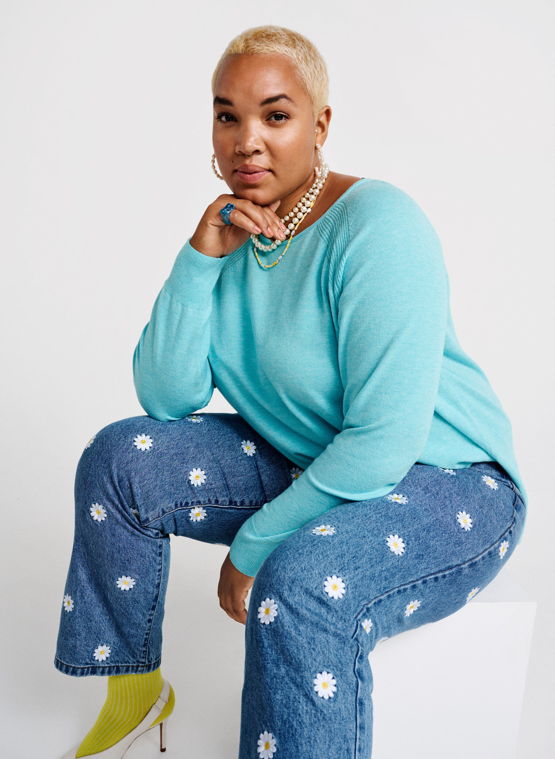 Zizzi Strikbluse med raglan&aelig;rmer, Blue Curacao Mel., Image image number 0