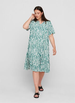 Kortærmet viskose kjole med print, Green Animal Print, Model image number 0