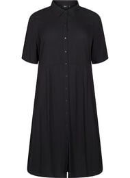 Midilang skjortekjole med korte &aelig;rmer, Sort