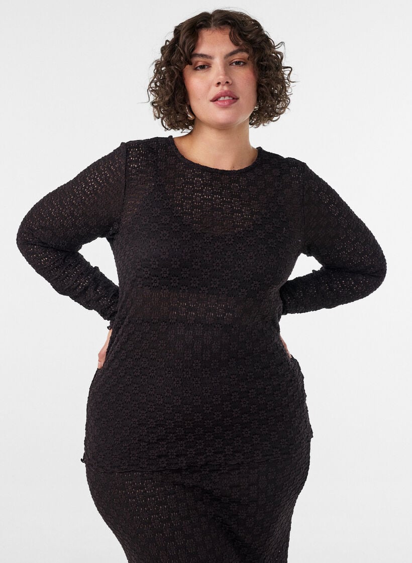 Bluse med hulm&oslash;nster og lange &aelig;rmer, Sort, Model image number 0