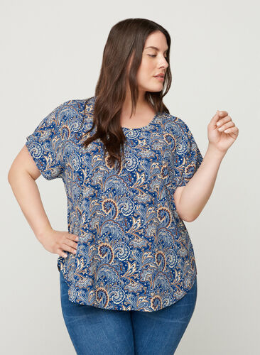 Bluse med korte ærmer, Dark Blue Paisley, Model image number 0