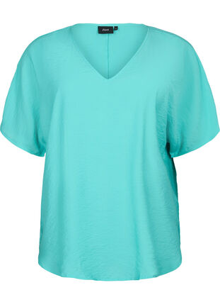 Kortærmet viskose bluse med v-hals, Turquoise, Packshot image number 0