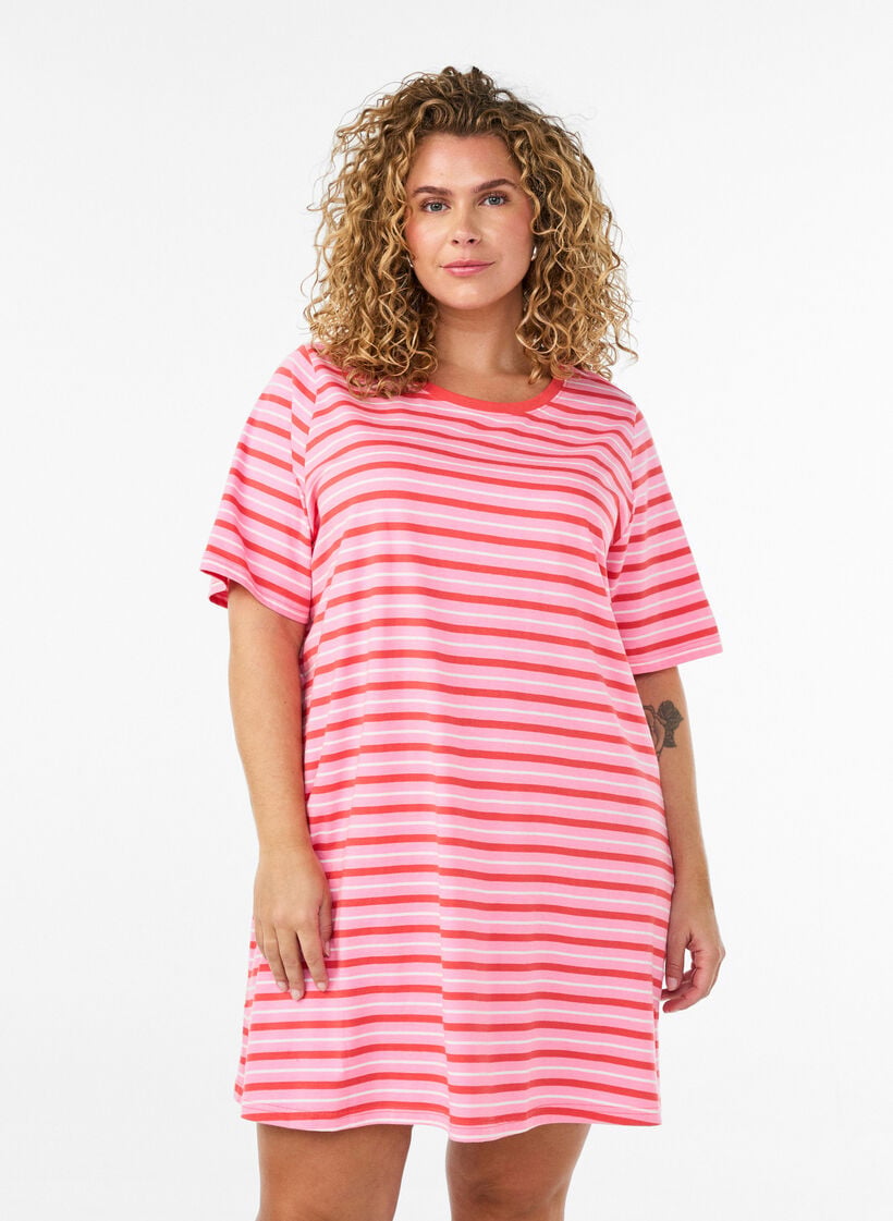 Lang oversize T-shirt i &oslash;kologisk bomuld med striber, Lyser&oslash;d, Model image number 0