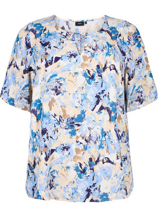 Kortærmet bluse i viskose med print , Blue Graphic AOP, Packshot image number 0