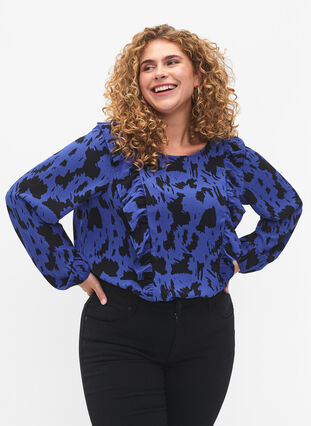 Langærmet bluse med flæser, Black Blue AOP, Model image number 0