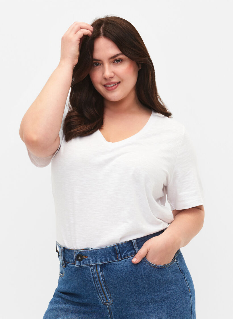 Kort&aelig;rmet basis t-shirt med v-hals, Hvid, Model image number 0