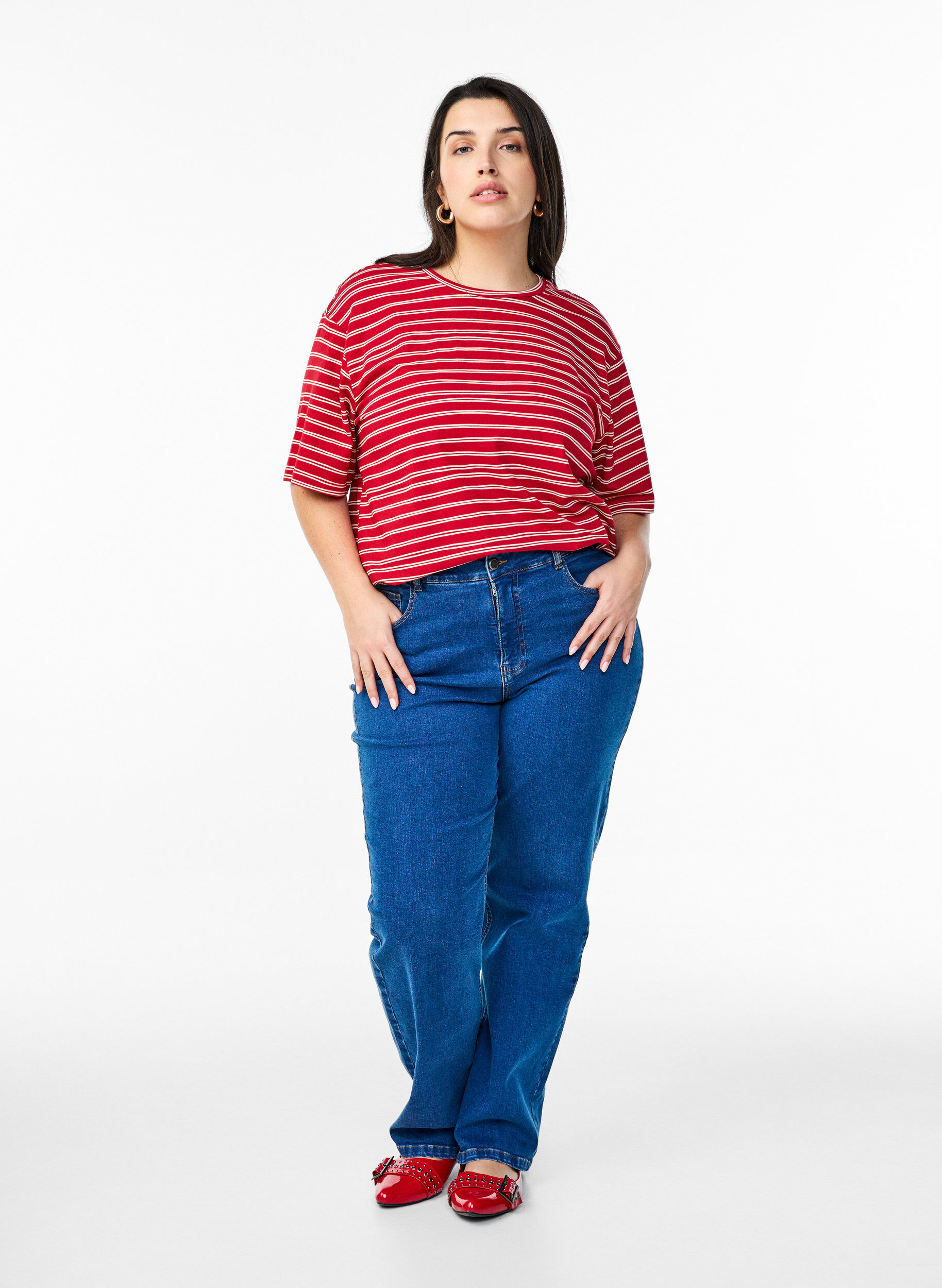 Zizzi T-shirt med striber, R&oslash;d, Model image number 1