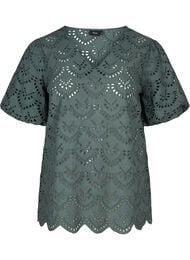 Broderi anglaise bluse i bomuld, Balsam Green