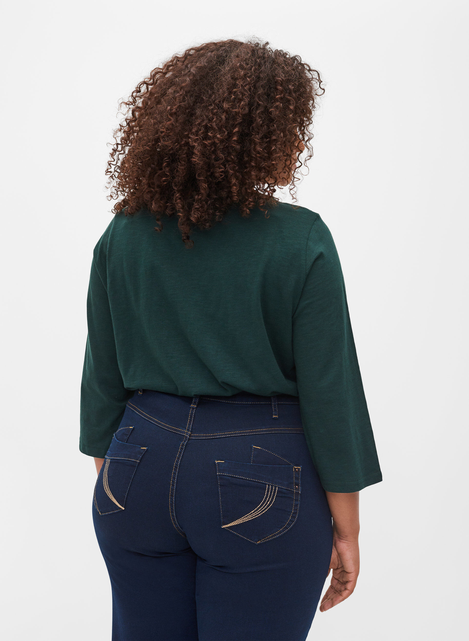 Zizzi Bomuldsbluse med 3/4 &aelig;rmer, Scarab, Model image number 1