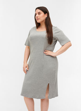 Kortærmet kjole i ribkvalitet, Light Grey Melange, Model image number 0