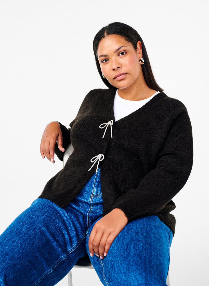 Strikcardigan med sølvsløjfe, Black, Model image number 2