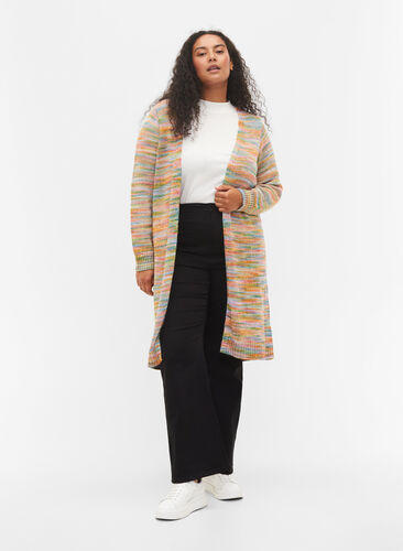 Lang mønstret strik cardigan i bomuldsblanding, Multi Color, Model image number 2
