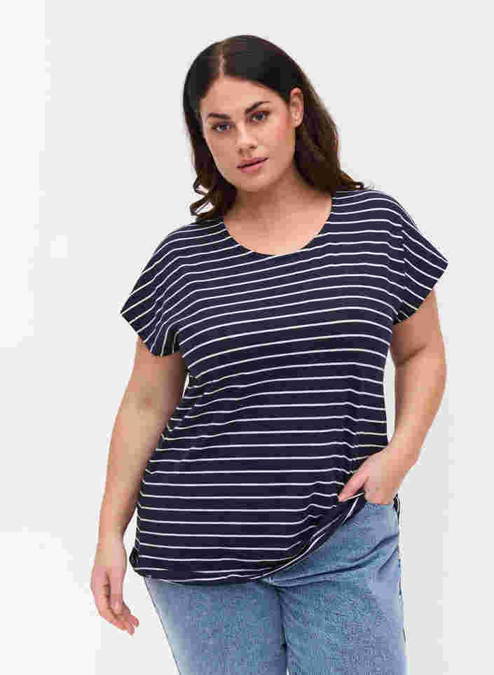 Bomulds t-shirt med striber, Blue Stripe, Model image number 0