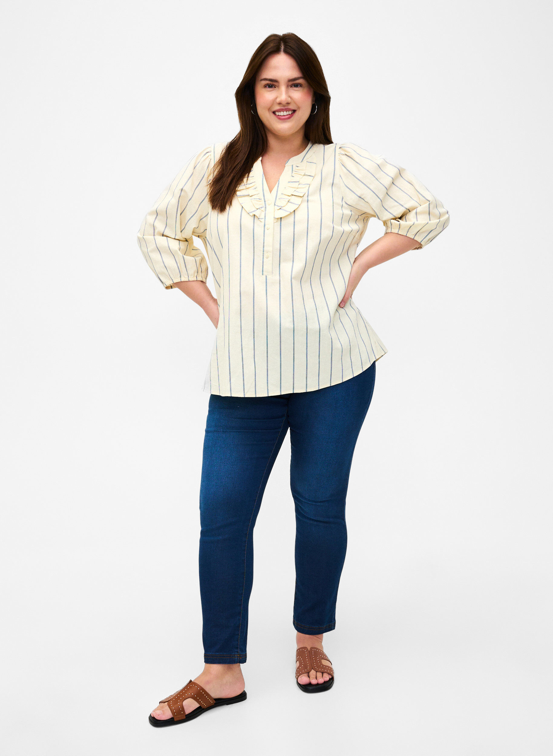 Zizzi 3/4 &aelig;rmet bluse i bomuld med striber, Eggnog Stripe, Model image number 2