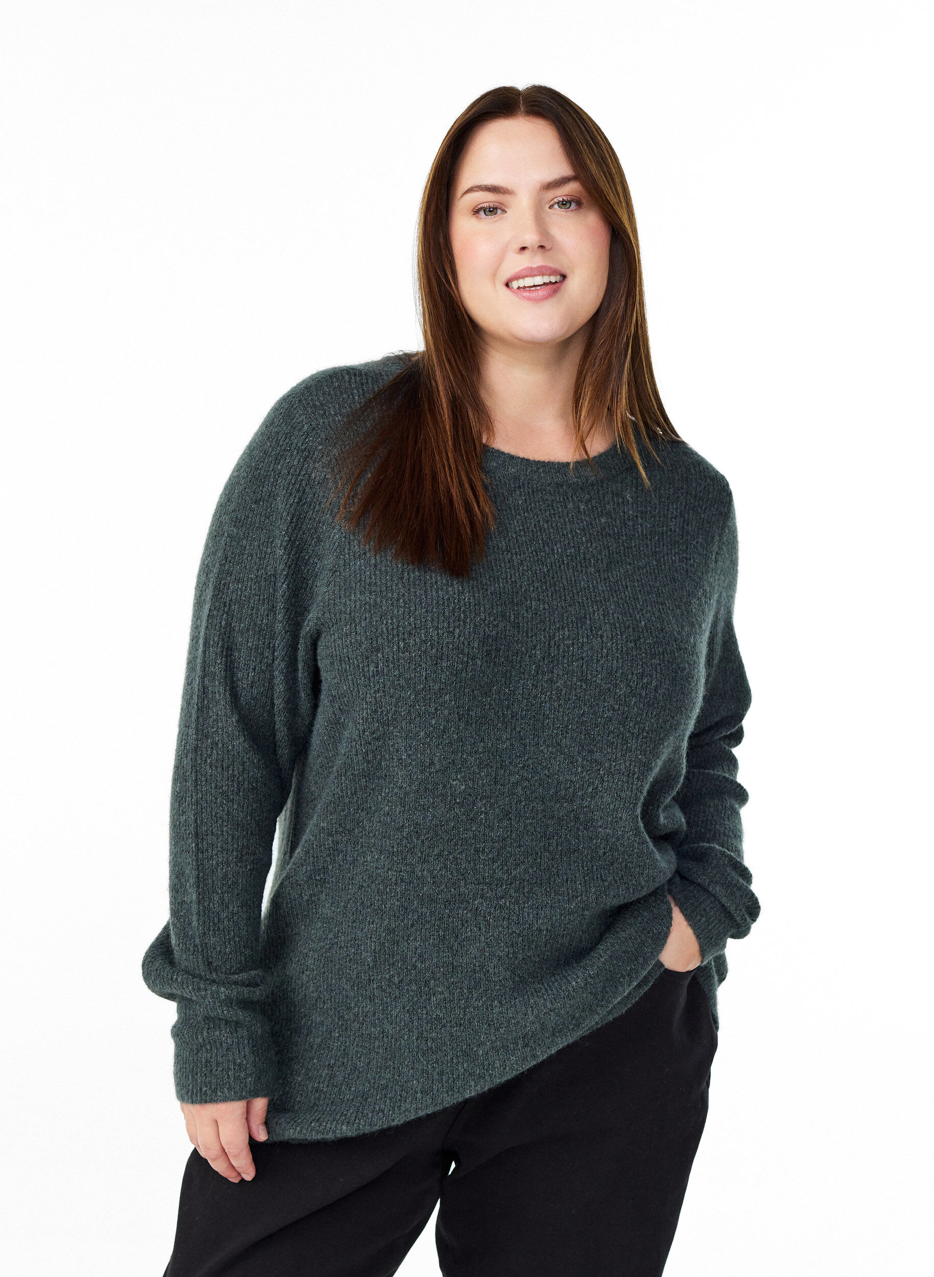 Meleret strikbluse med rund hals, Gr&oslash;n, Model