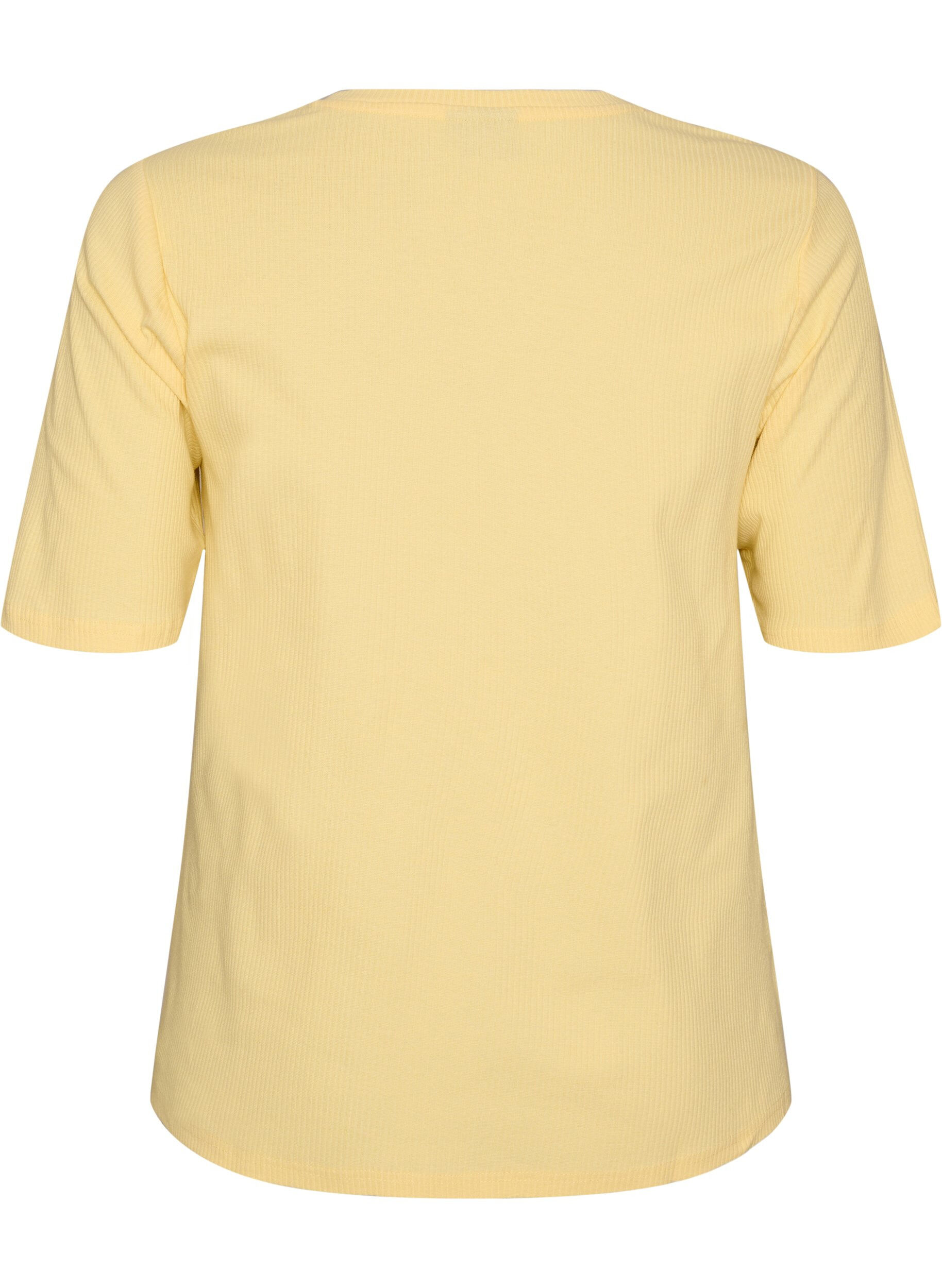 ZizziRibbet jerseybluse med korte &aelig;rmer, Gul, Packshot image number 1