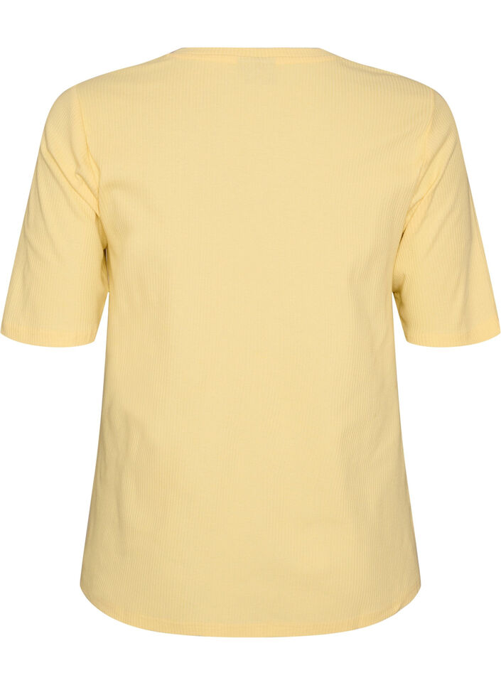 Ribbet jerseybluse med korte &aelig;rmer, Gul, Packshot image number 1