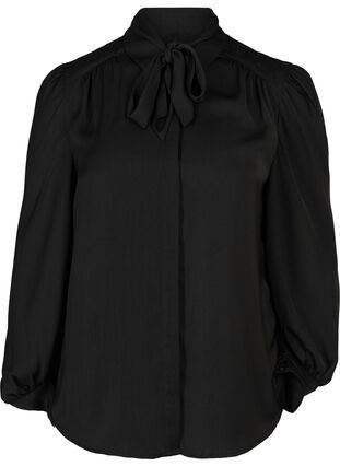 Skjorte med let pufærme og binde detalje, Black, Packshot image number 0