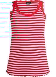 Stribet top med ribstruktur og blondekant, Lyser&oslash;d