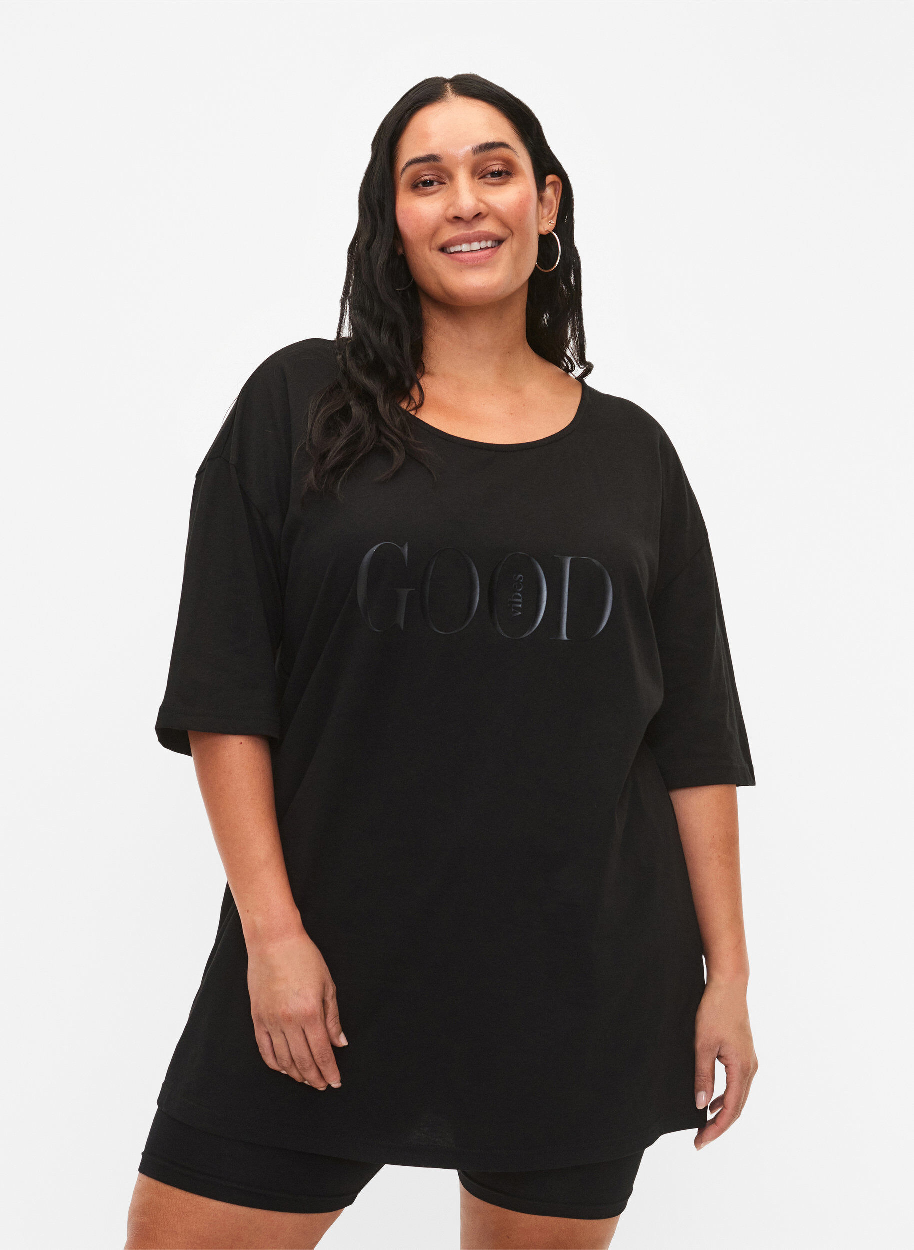 Zizzi Oversize bomulds t-shirt med tryk, Black GOOD, Model image number 0