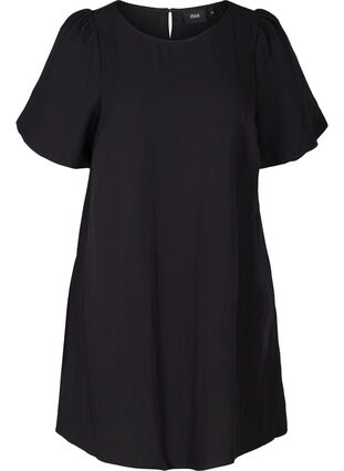 Kortærmet viskose kjole med a-form , Black, Packshot image number 0