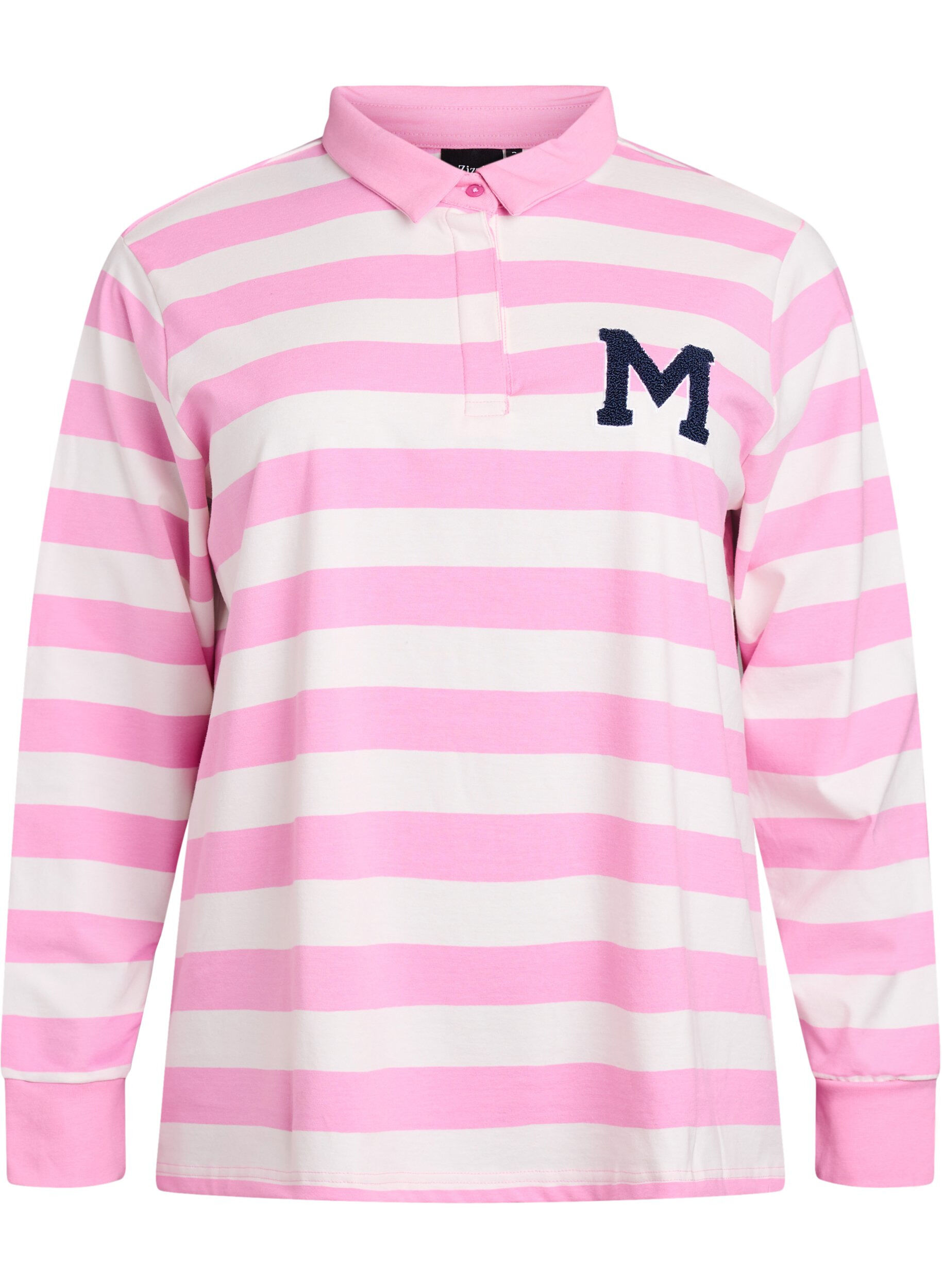 Zizzi Stribet poloshirt med frott&eacute;detalje, Bubblegum w. White, Packshot image number 0