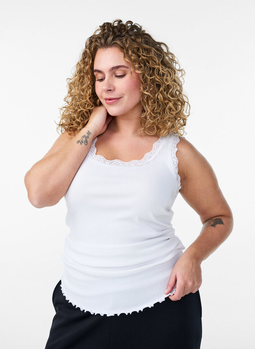 Tanktop med blondekanter og hulm&oslash;nster, Hvid, Model image number 0