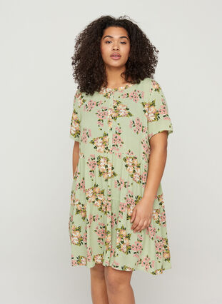 Kortærmet viskose kjole med blomsterprint, Light Green April, Model image number 0