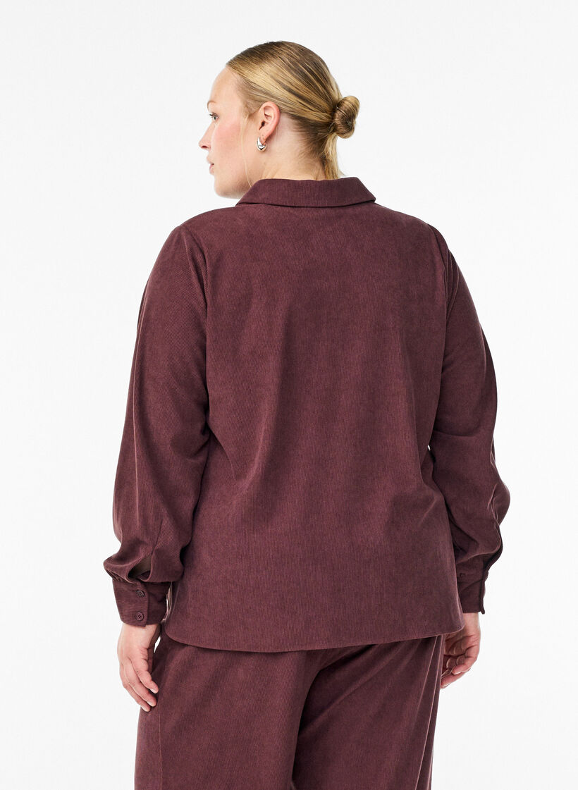 Langærmet skjortebluse i fløjl, Mørk Bordeaux, Model image number 2