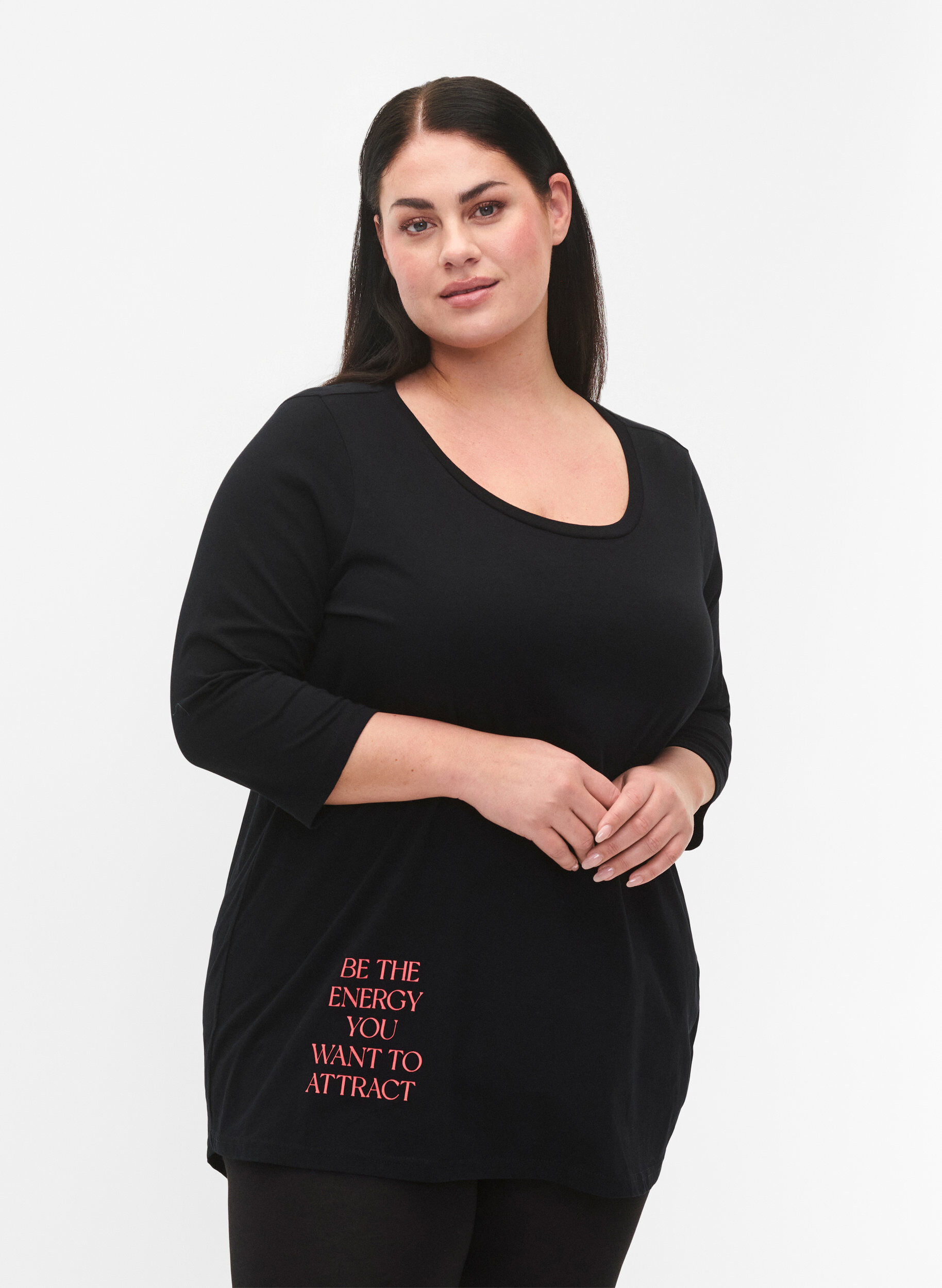 Zizzi Bomulds t-shirt med 3/4 &aelig;rmer, Black, Model image number 0