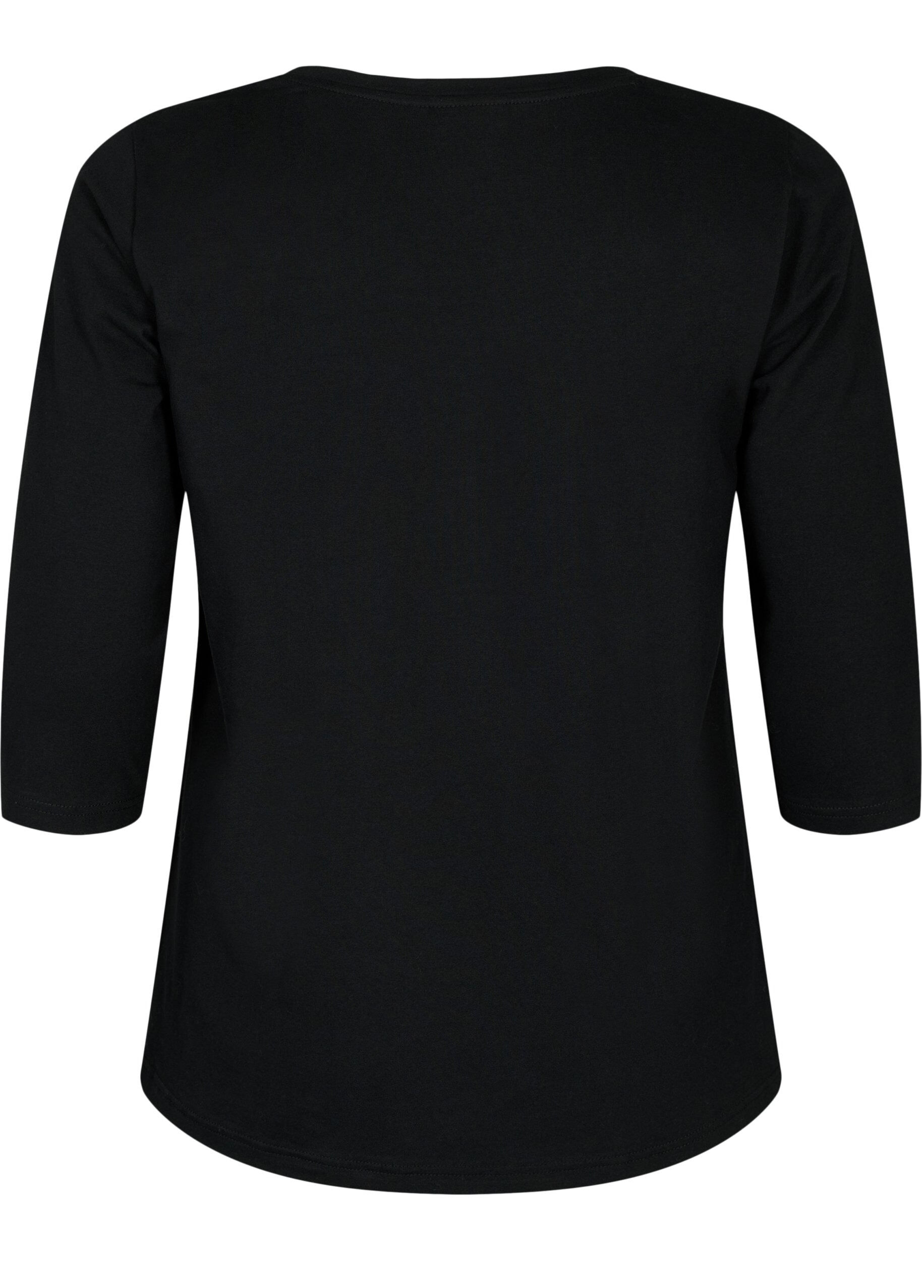 ZizziBasis bomulds t-shirt med 3/4 &aelig;rmer, Sort, Packshot image number 1