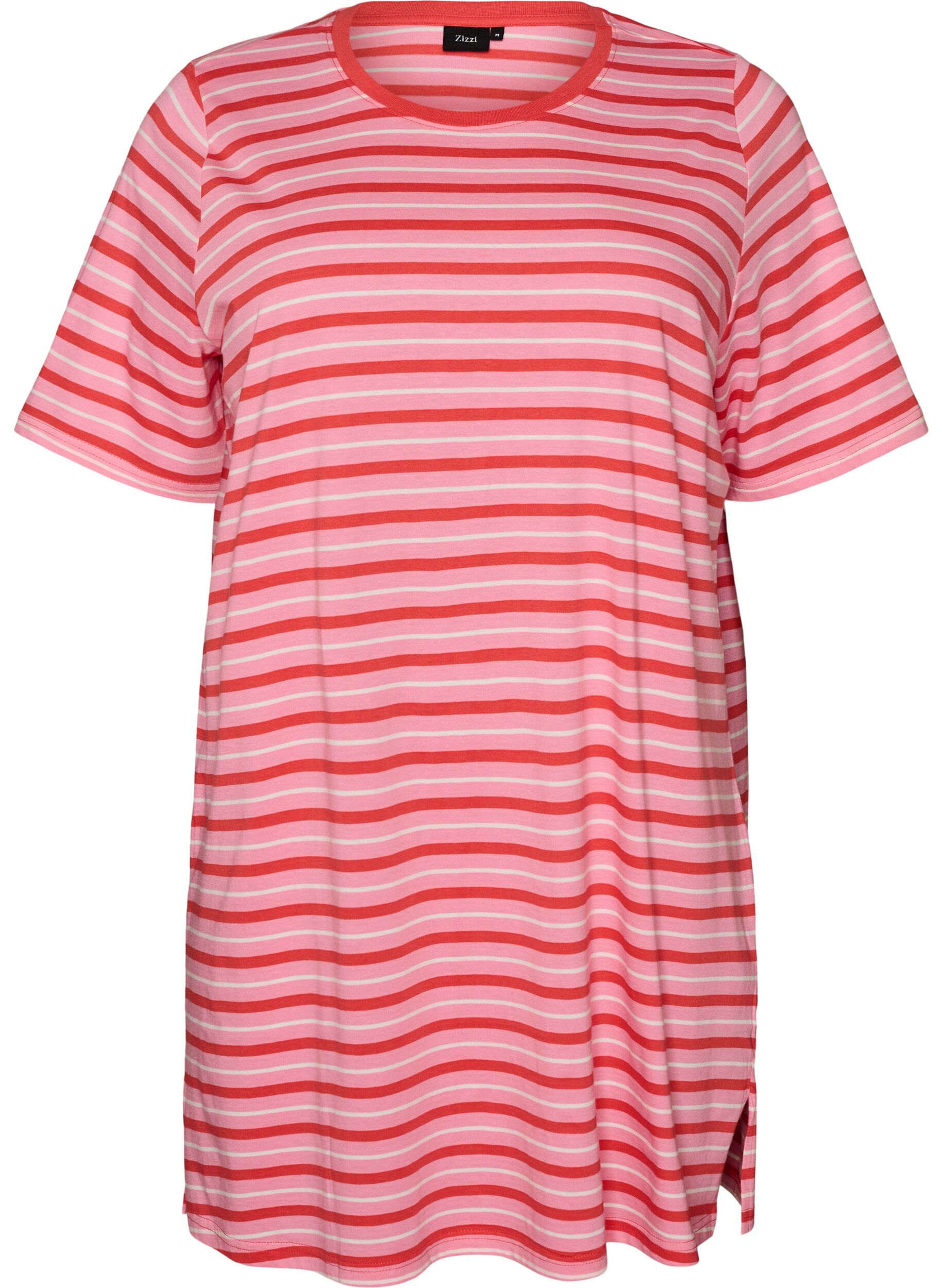 ZizziLang oversize T-shirt i &oslash;kologisk bomuld med striber, Lyser&oslash;d, Packshot image number 0
