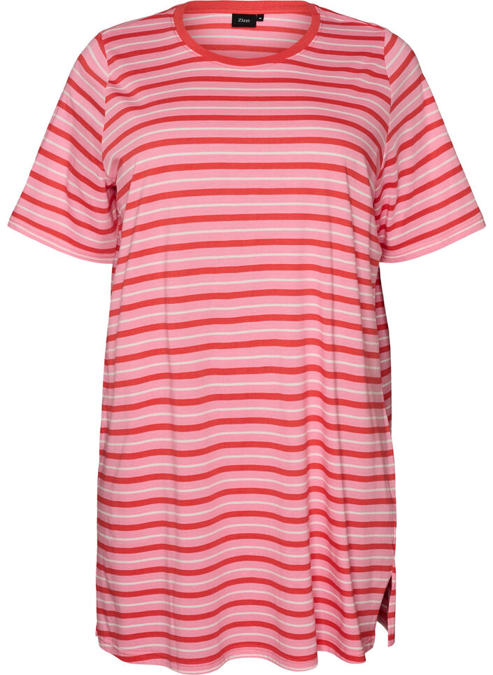 Lang oversize T-shirt i &oslash;kologisk bomuld med striber, Lyser&oslash;d, Packshot image number 0