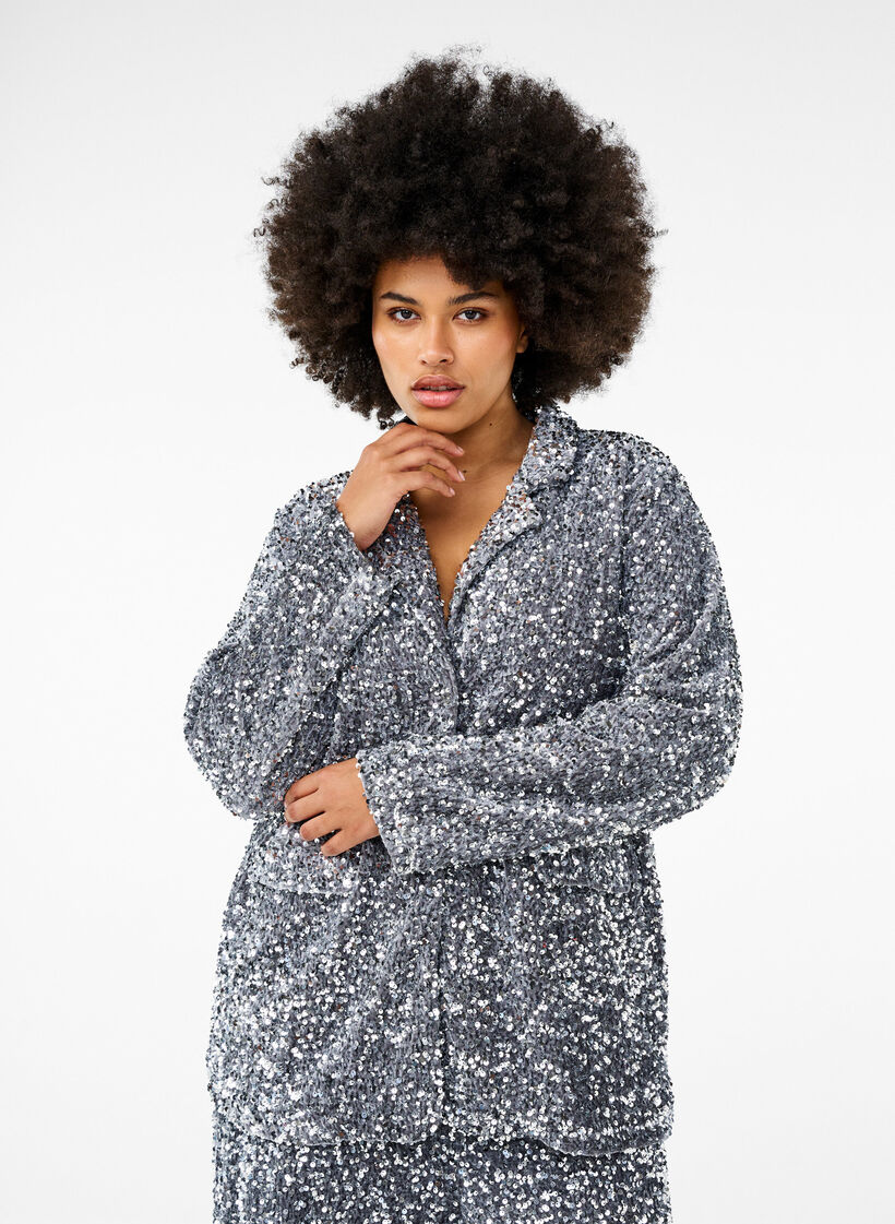 Løs paillet blazer med lommer, Silver, Model image number 0